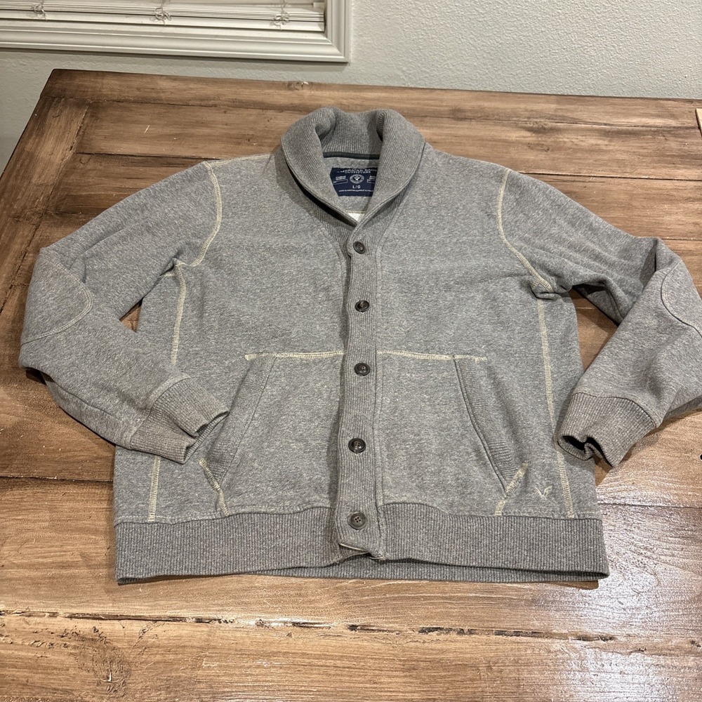 American Eagle Sweater Mens Sz‎ L Cardigan Athletic Fit Gray Button Elbow Patch